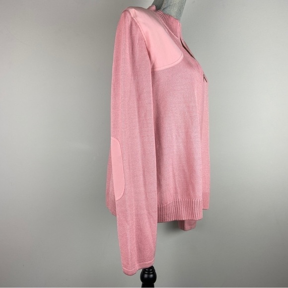 NWOT St. John designer pink knit cardigan sweater wool rayon silk elbow patches - Picture 7 of 11
